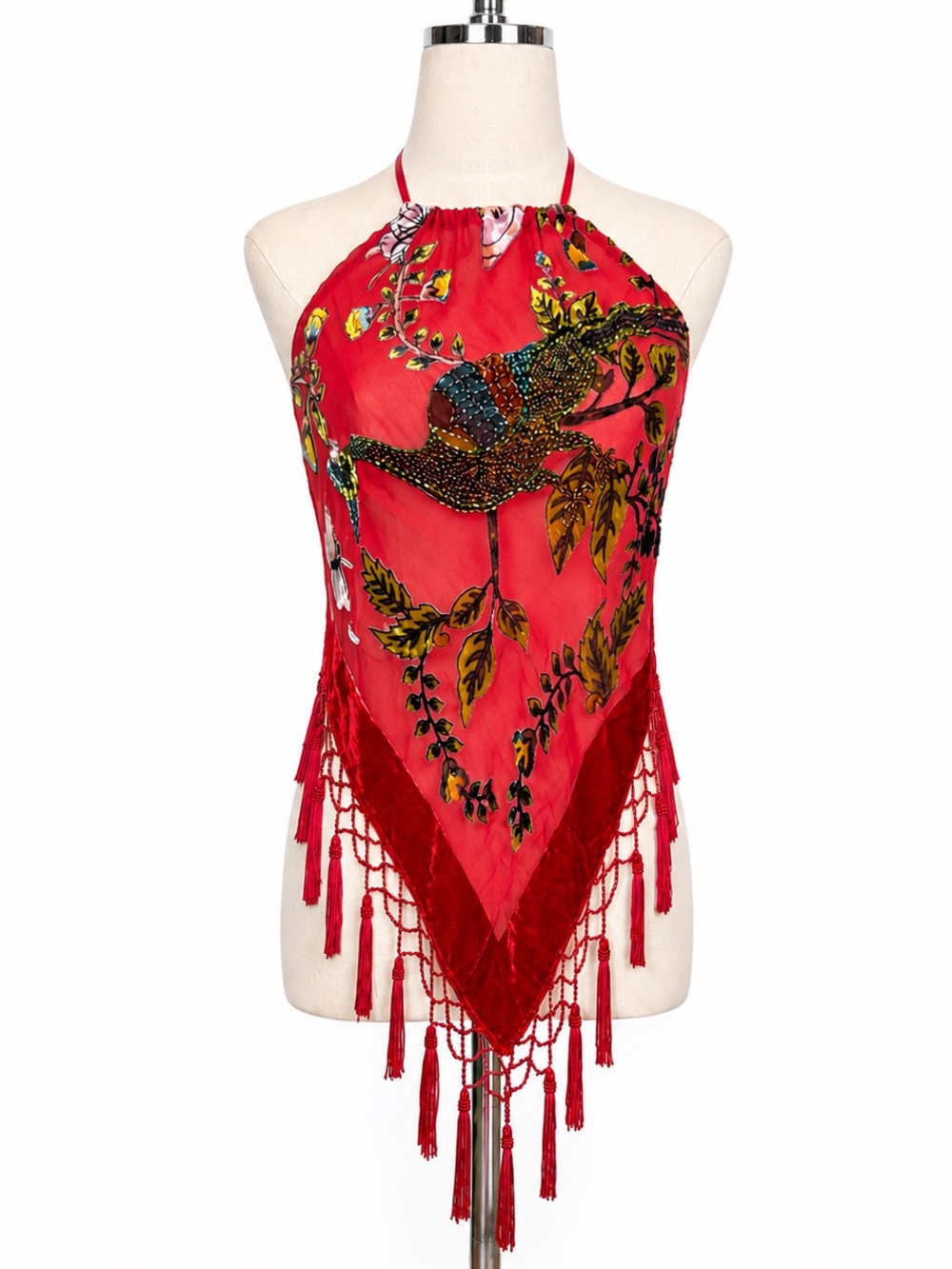 Vintage Hand‑Beaded Red Silk Halter Top